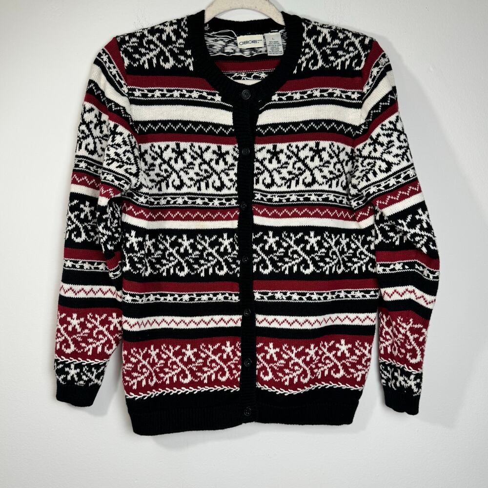 VTG CHEROKEE  Fair Isle CardiganSweater Women’s Knit Button Front Holiday Large